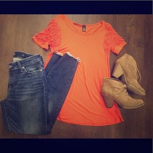 BKE orange top with lace detail